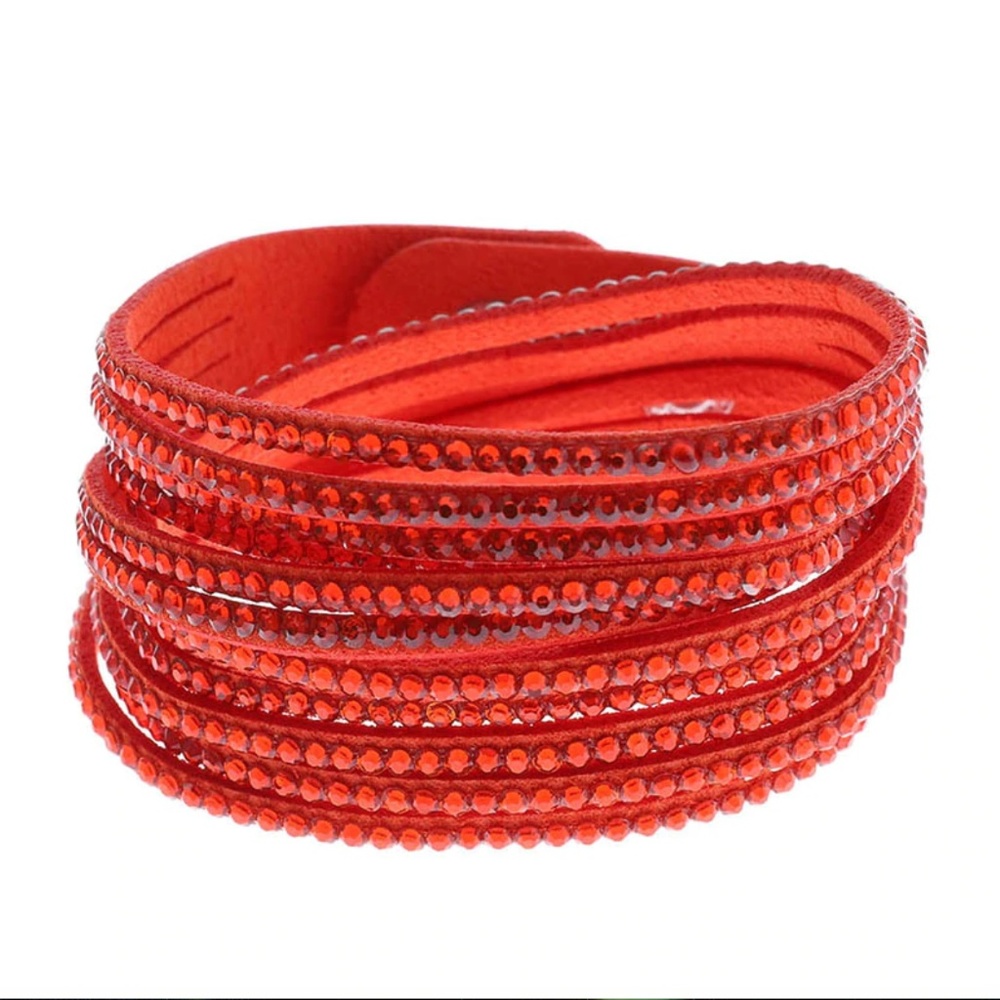 Red Studded Leather Multilayer Wrap Bracelet